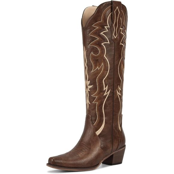 ⚡Women Matte Brown Faux Leather Cowgirl  Knee High Chunky Heel Pointed Toe Boots - Picture 1 of 6
